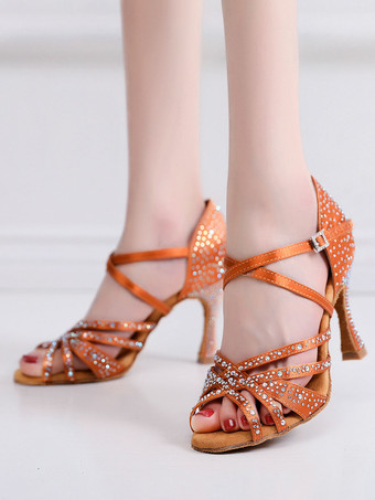 ラテンダンスシューズコーヒーブラウンのぞき見つま先ラインストーン社交ダンスシューズ