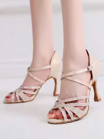 ラテンダンスシューズコーヒーブラウンのぞき見つま先ラインストーン社交ダンスシューズ