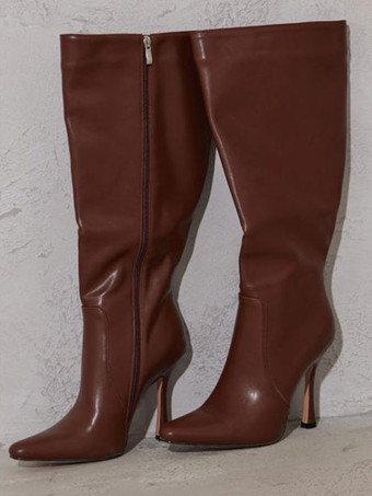 女性ワイドカーフスティレットヒールニーブーツ