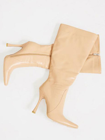 女性ワイドカーフスティレットヒールニーブーツ