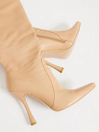 女性ワイドカーフスティレットヒールニーブーツ