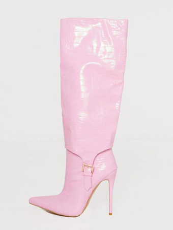 女性バックルクロコプリントニーハイブーツスティレットヒールピンク