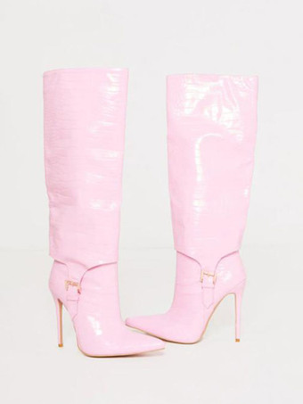 女性バックルクロコプリントニーハイブーツスティレットヒールピンク