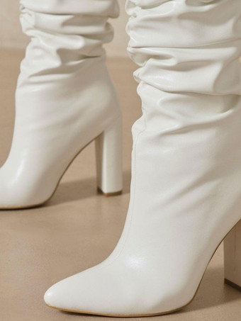 レディースブーツポインテッドトゥチャンキーヒールディープアプリコットニーハイブーツ