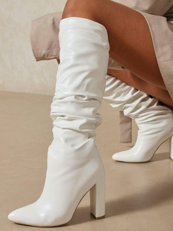 レディースブーツポインテッドトゥチャンキーヒールディープアプリコットニーハイブーツ