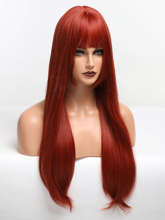 女性ロングウィッグレッドストレート耐熱繊維乱れたロング合成ウィッグ