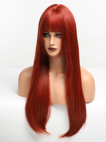 女性ロングウィッグレッドストレート耐熱繊維乱れたロング合成ウィッグ