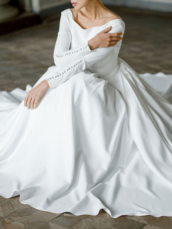 Vestido de novia blanco simple con tren Crepé elástico Cuello joya Mangas largas Sin espalda Una línea de vestidos de novia