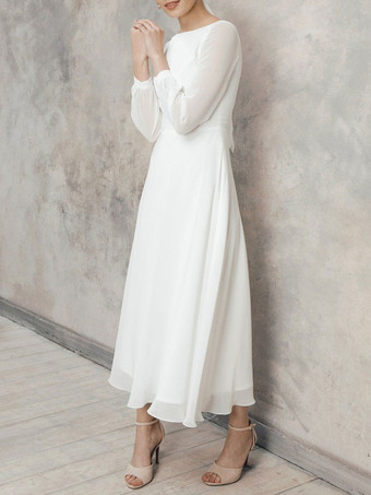 White Simple Causal Wedding Dress A-Line Jewel Neck Long Sleeves Ankle-Length Zipper Chiffon Bridal Gowns Free Customization