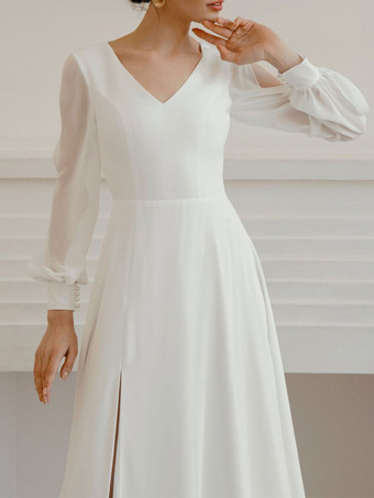 White Simple Causal Wedding Dress With Train A-Line V-Neck Long Sleeves Split Front Chiffon Bridal Gowns Free Customization