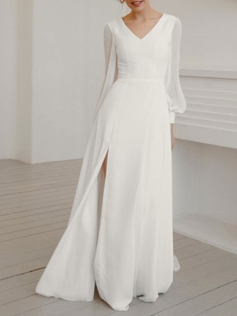 Schlichtes Brautkleid Brautkleider große Größen lang Chiffon Knöpfe A-Linie- elfenbeinweiß Standesamtkleid