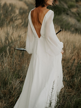 トレインAラインVネック長袖レースシフォンブライダルドレスと白いシンプルなウェディングドレス