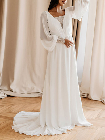 トレインAラインVネック長袖レースシフォンブライダルドレスと白いシンプルなウェディングドレス