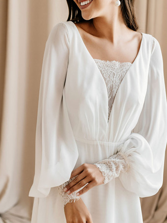 トレインAラインVネック長袖レースシフォンブライダルドレスと白いシンプルなウェディングドレス