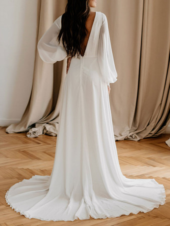 トレインAラインVネック長袖レースシフォンブライダルドレスと白いシンプルなウェディングドレス