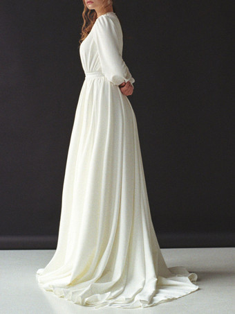 トレインポリエステルジュエルネック長袖バックレスAラインブライダルガウンとアイボリーのシンプルなウェディングドレス