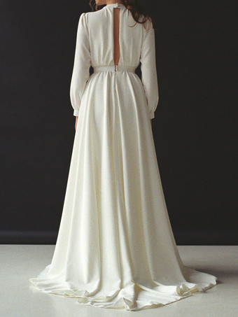 トレインポリエステルジュエルネック長袖バックレスAラインブライダルガウンとアイボリーのシンプルなウェディングドレス