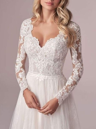 アイボリーのシンプルなウェディングドレス、トレーン付き、Aライン、Vネック、長袖、背中開き、レース、ブライダルガウン、無料カスタマイズ