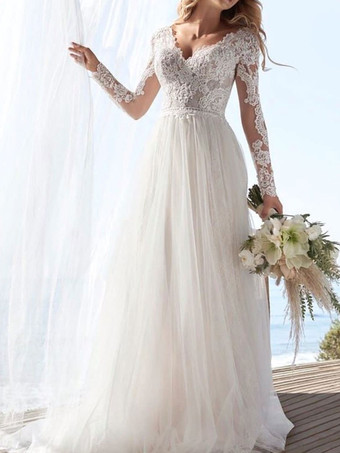 ホワイトアイボリーのシンプルなウェディングドレス、トレーン付き、Aライン、Vネック、長袖、背中開き、レース、ブライダルガウン、無料カスタマイズ