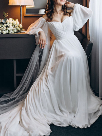 White Simple Causal Wedding Dress With Train A-Line Bateau Neck Long Sleeves Backless Zipper Chiffon Bridal Dresses Free Customization