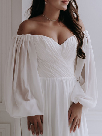 ホワイトのシンプルなカジュアルウェディングドレス、トレーン付き、Aライン、バトーネック、長袖、バックレス、ジッパー、シフォンブライダルドレス、無料カスタマイズ