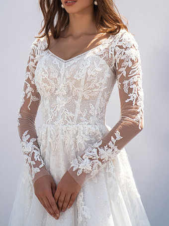 アイボリーのシンプルなウェディングドレス、トレーン付き、Vネック、長袖、レース、Aライン、ブライダルドレス、無料カスタマイズ