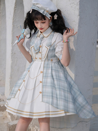 Vestiti idol Lolita JSK Dress 3 pezzi Set Baby Blue Plaid Pattern Bows Lace Lolita Dress Outfit