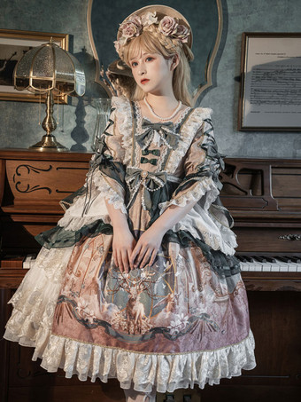 Vestido Lolita estilo ROCOCO Mangas largas Volantes Lazos Encaje Marrón claro Vestido Lolita clásico de una pieza