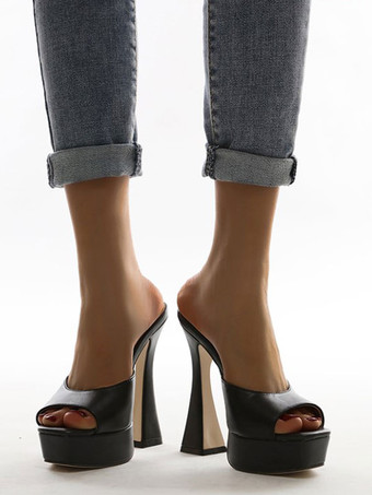 女性ヒールサンダルスリッポンチャンキーヒールPUレザーミュール