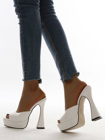 女性ヒールサンダルスリッポンチャンキーヒールPUレザーミュール