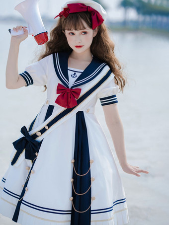 Sweet Sailor Lolita OP Dress Polyester Short Sleeves Bows Navy Blue Lolita One Piece Dress