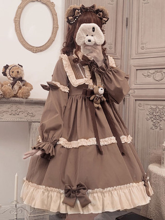 Robe Mignonne Lolita OP Polyester Manches Longues Volants Nœuds Robe Lolita Une Pièce Marron