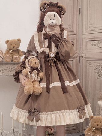 Robe Mignonne Lolita OP Polyester Manches Longues Volants Nœuds Robe Lolita Une Pièce Marron