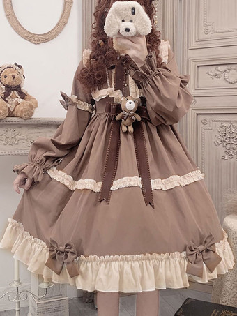 Vestido Sweet Lolita OP de poliéster de mangas compridas com babados Laços Marrom Lolita Vestido de uma peça