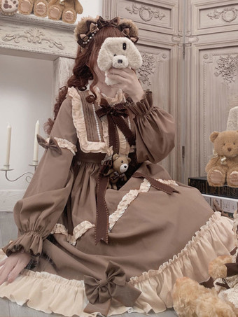 Robe Mignonne Lolita OP Polyester Manches Longues Volants Nœuds Robe Lolita Une Pièce Marron