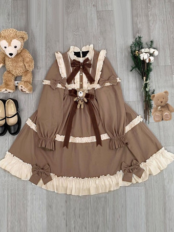 Robe Mignonne Lolita OP Polyester Manches Longues Volants Nœuds Robe Lolita Une Pièce Marron