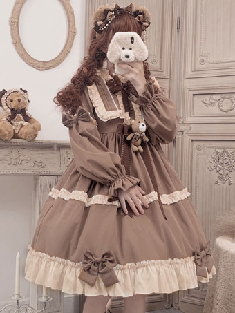Robe Mignonne Lolita OP Polyester Manches Longues Volants Nœuds Robe Lolita Une Pièce Marron