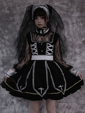 Vestido Gothic Lolita OP Preto Mangas Compridas Renda Poliéster Lolita Vestido de Uma Peça