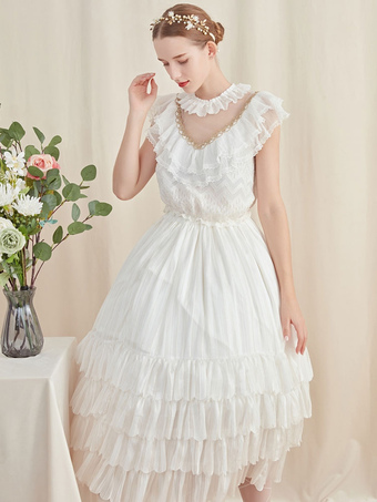 Classical Lolita OP Dress White V Neck Short Sleeves Ruffles Chiffon Lolita One Piece Dress