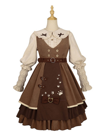 クラシカル ロリータ JSK ドレス 6 点セット ライト ブラウン スチーム パンク ロリータ ジャンパー スカート衣装
