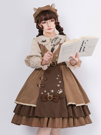 クラシカル ロリータ JSK ドレス 6 点セット ライト ブラウン スチーム パンク ロリータ ジャンパー スカート衣装