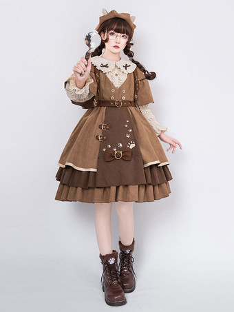 クラシカル ロリータ JSK ドレス 6 点セット ライト ブラウン スチーム パンク ロリータ ジャンパー スカート衣装