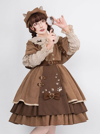 クラシカル ロリータ JSK ドレス 6 点セット ライト ブラウン スチーム パンク ロリータ ジャンパー スカート衣装