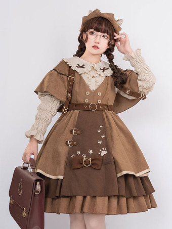 Vestido clássico Lolita JSK conjunto de 6 peças marrom claro Steampunk Lolita jumper saia