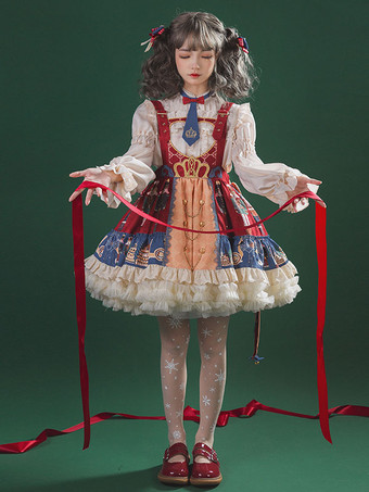 Sweet Lolita JSK Dress Tie 2-Piece Set Christmas Burgundy Polyester Sleeveless Lolita Jumper Skirt Outfit