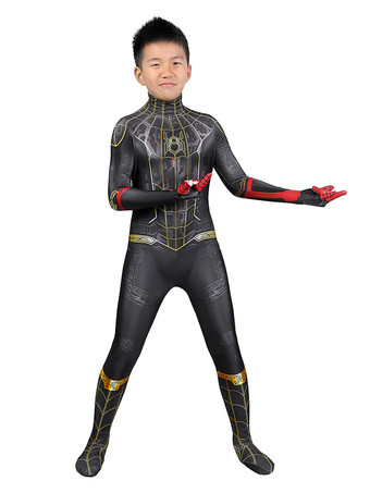 子供用スパイダーマンコスプレジャンプスーツ、黒のライクラ・スパンデックスジャンプスーツ、マーベル映画コスプレ衣装