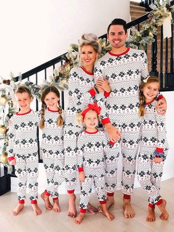 大人のポリエステルホワイトクリスマスパターンパンツトップ2ピースセットの家族のクリスマスパジャマ