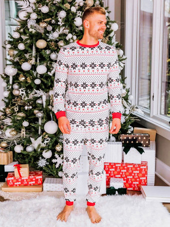 大人のポリエステルホワイトクリスマスパターンパンツトップ2ピースセットの家族のクリスマスパジャマ
