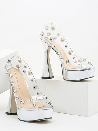 セクシーなハイヒールサンダルシルバーPUレザーのぞき見つま先チャンキーヒールハイヒール