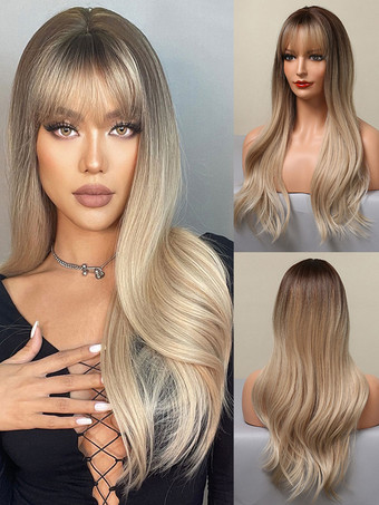 女性ライトゴールドの硬化性繊維層の長い合成かつら